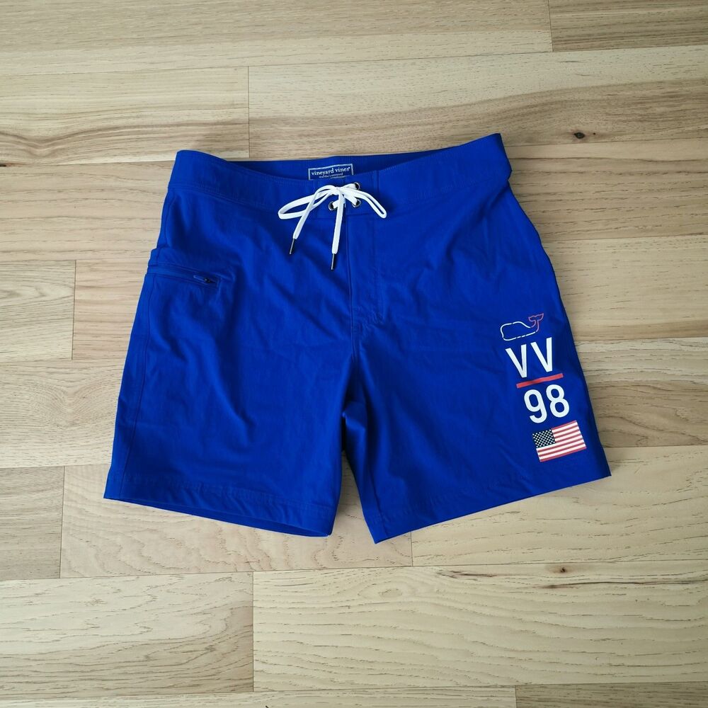 Vineyard Vines Board Shorts Mens 32 Blue VV 98 USA Flag Swim Trunks Patriotic